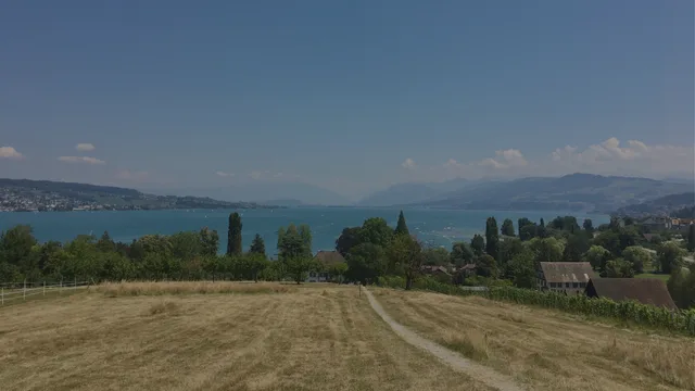 A dry golden grass field with a dirt path slopes toward trees, a few houses and blue water, with hazy hills beyond.